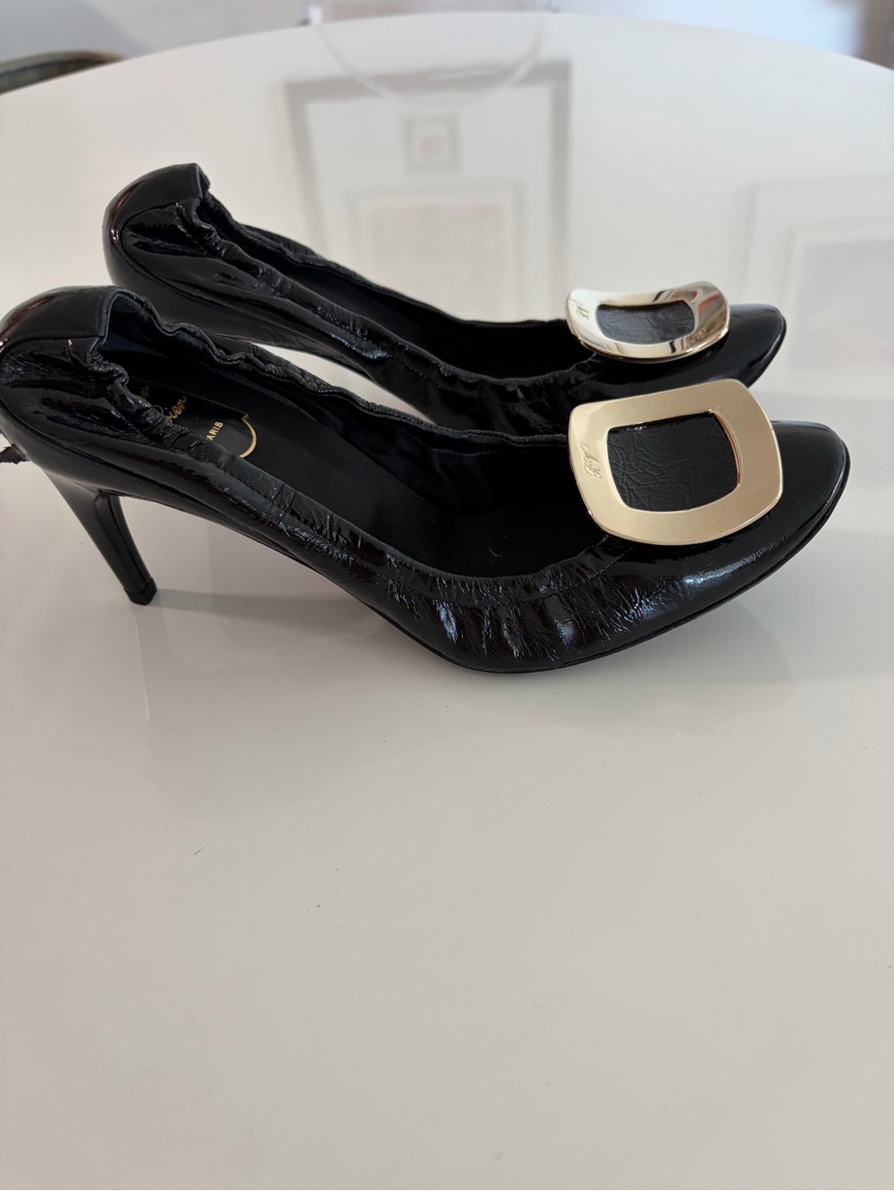 Roger Vivier Black Patent Leather Heels with Gold Buckle Accent